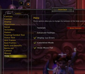 Screenshot of the WoW's Interface that leads to Warcraft's Colorblind Mode option.