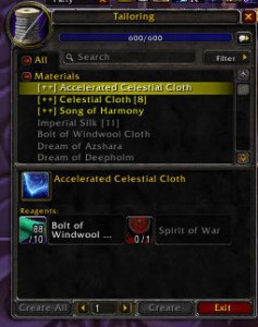 Screenshot of the Tailoring profession with Warcraft's Colorblind Mode activated which shows pluses + instead of colors.