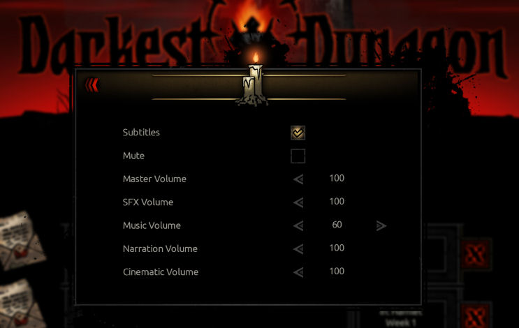 Short reviews the Audio options for Darkest Dungeon. Various sound options are seen such as subtitles and sound levels.