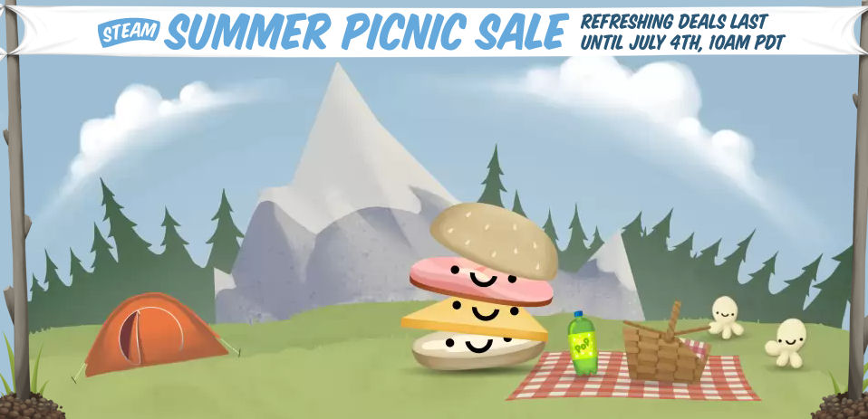 Short details the top 5 mouse only games to buy during the Steam Summer Sale 2016! Seen is the Valve Steam event picture featuring happy snacks on a picnic in the woods.