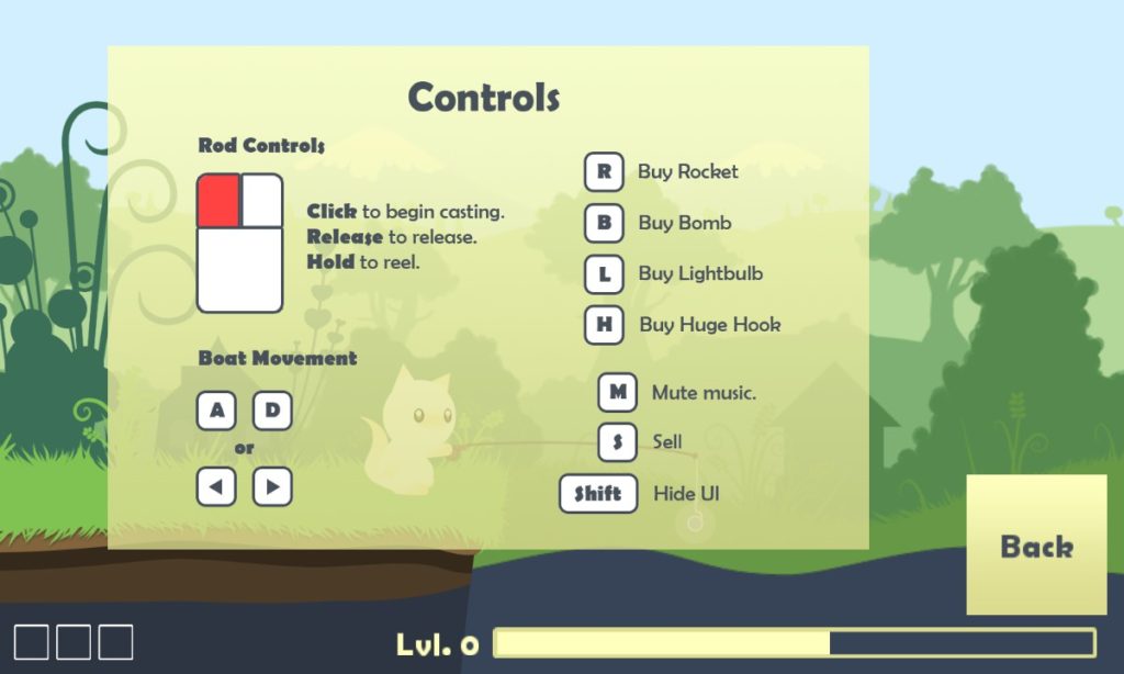 Short shows us the game options for accessibility in the Steam game Cat Goes Fishing. Here we see the Control menu that contains non-remappable controls for buying, selling, etc.