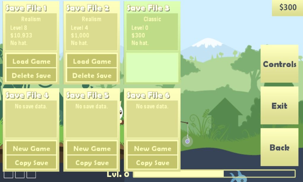 Short shows us the game options for accessibility in the Steam game Cat Goes Fishing. Here we see the options available for the game which is pretty much save files, Controls, and Exit menus.