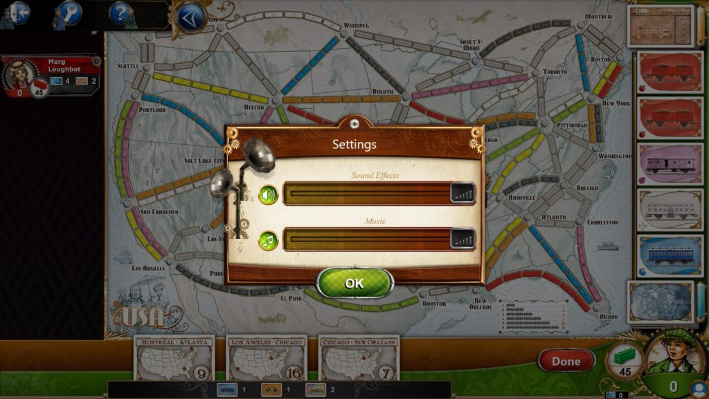 Short shows all in this Options for Accessibility for the Steam game Ticket to Ride and its available accessibility options. Seen is the options, but only include sound effect and music volume.