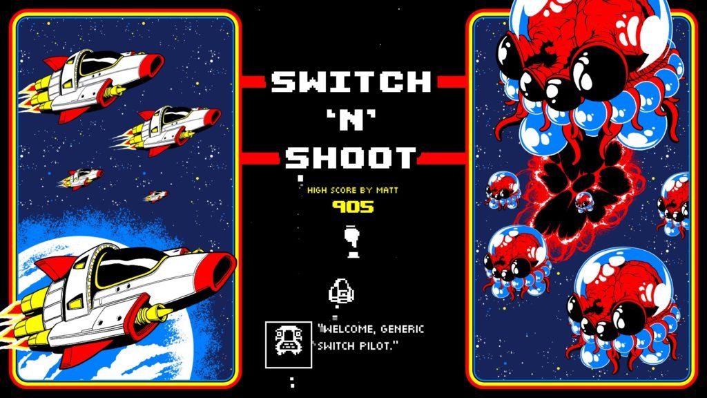 Short describes what makes Switch N' Shoot so mouse friendly in this year's Steam Summer Sale 2020. Seen is the start screen for Switch N' Shoot.