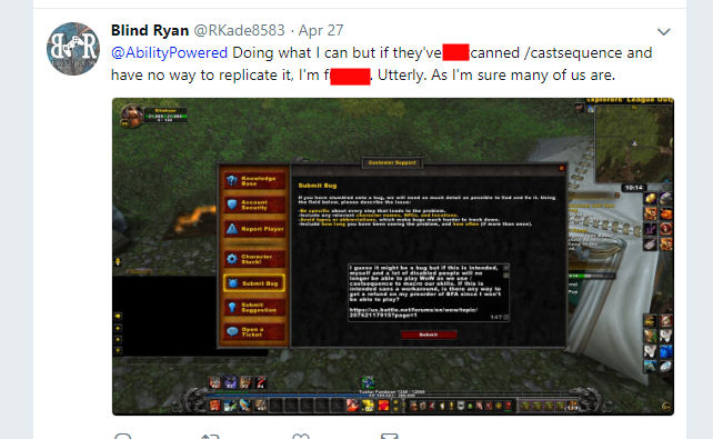 Short discusses the recent problems with World of Warcraft's Castsequence macro command. Seen is "Blind Ryan" also stating about the need for macro support.