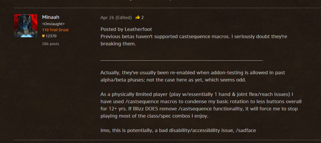 Short discusses the recent problems with World of Warcraft's Castsequence macro command. Seen is "Minaah" in the WoW forums supporting Short's macro plea.