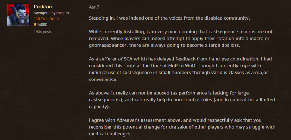 Short discusses the recent problems with World of Warcraft's Castsequence macro command. Seen is "Rockford" in the WoW forums supporting Short's macro plea.