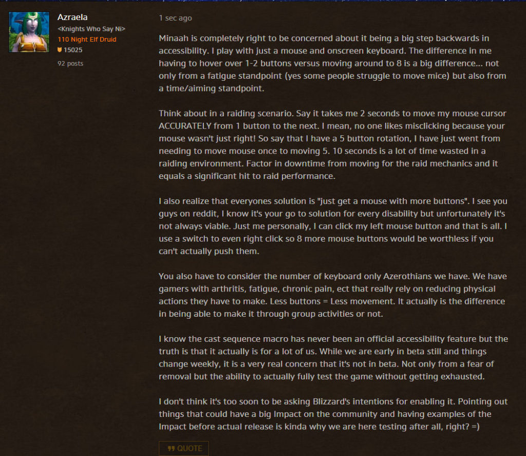 Short discusses the recent problems with World of Warcraft's Castsequence macro command. Seen is the Short in the WoW forums making her macro plea.