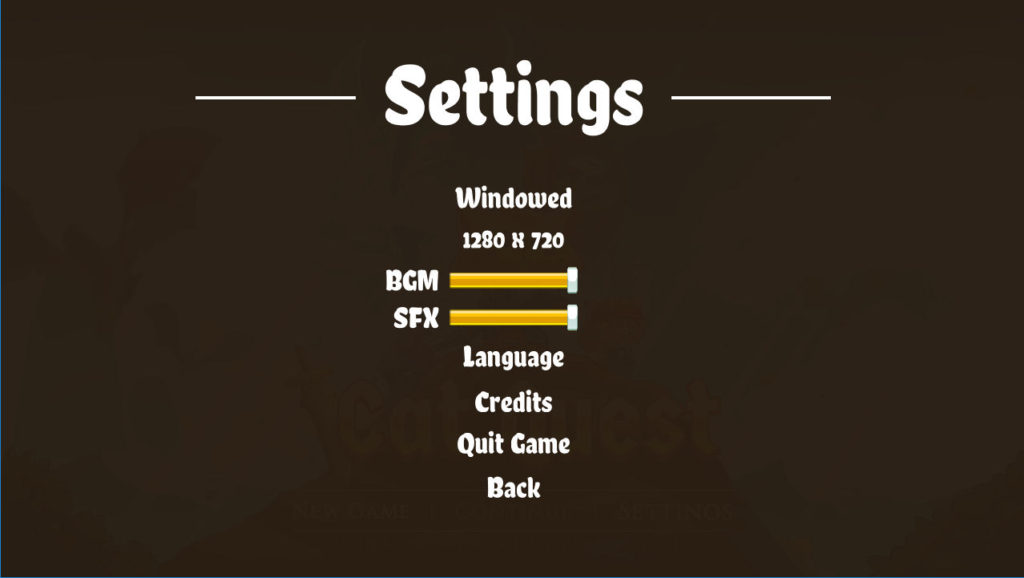 Short displays what options are available in the Steam game Cat Quest in today's Options for Accessibility. Seen is the game's settings including sound, language, window settings.. 