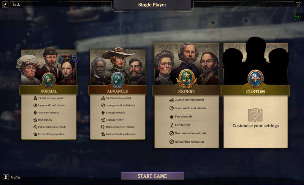 Image shows Ubisoft's Anno 1800 at the difficulty options screen in today's Accessibility First Look.