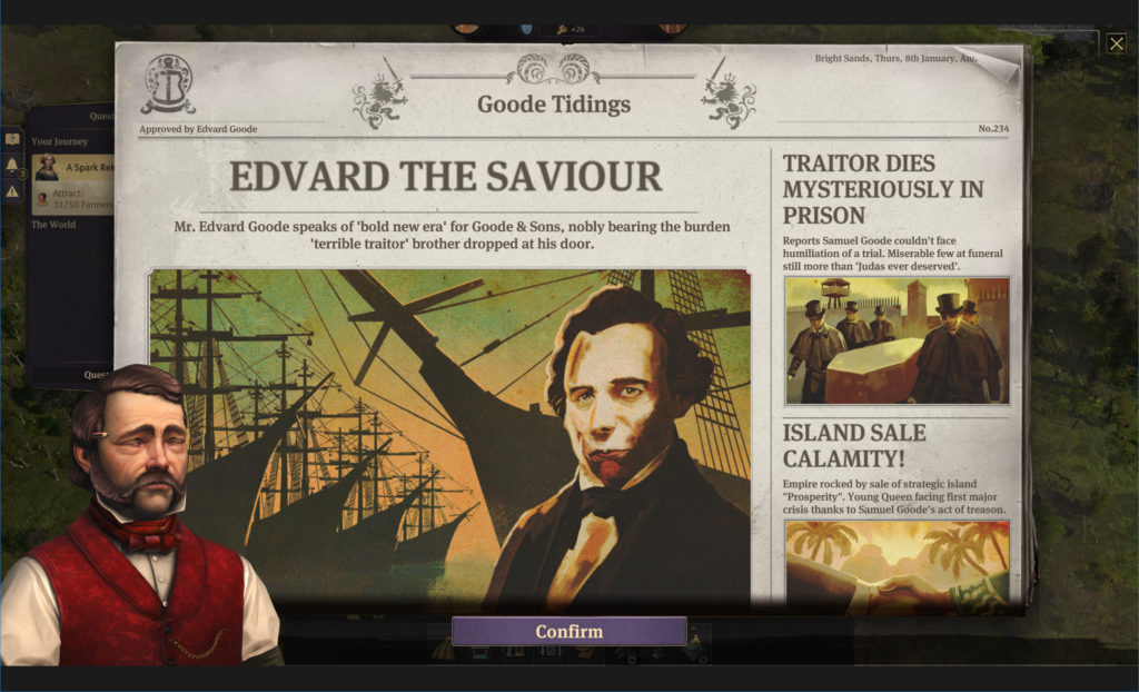Image shows Ubisoft's Anno 1800 at gameplay including Edvard the Saviour in a newspaper reading in today's Accessibility First Look.