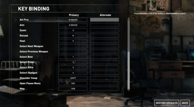 Image shows Rise of the Tomb Raider keybind options continued.