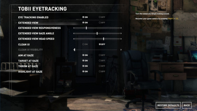 Image shows Rise of the Tomb Raider Tobii Eye Tracking options.