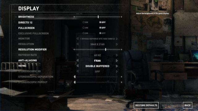 Image shows Rise of the Tomb Raider display options.