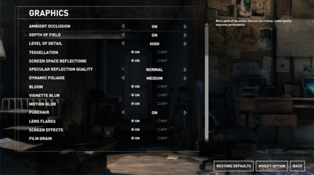 Image shows Rise of the Tomb Raider graphics options continued.