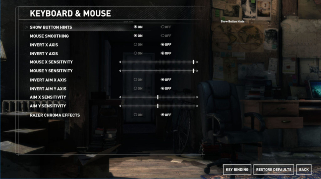 Image shows Rise of the Tomb Raider keyboard and mouse options.