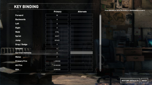 Image shows Rise of the Tomb Raider keybind options.