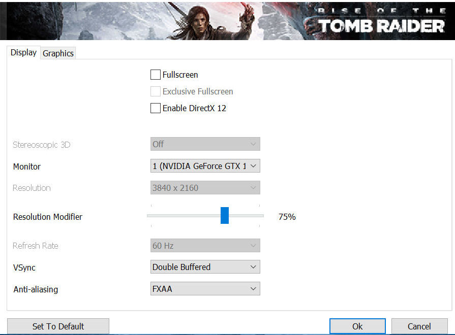 Image shows the pregame settings for players in Crystal Dynamics' game Rise of the Tomb Raider