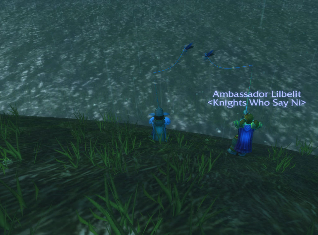 Seen are two gnomes in a party fishing together in the World of Warcraft.