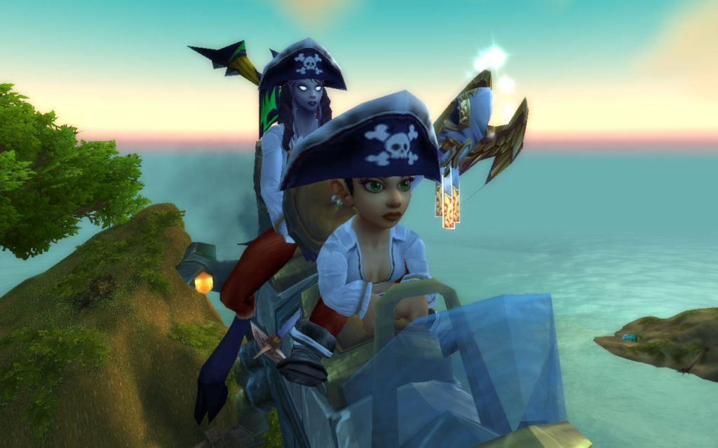 Two players seen flying on the World of Warcraft zone Stranglethorn Vale on a two player mount as pirates.