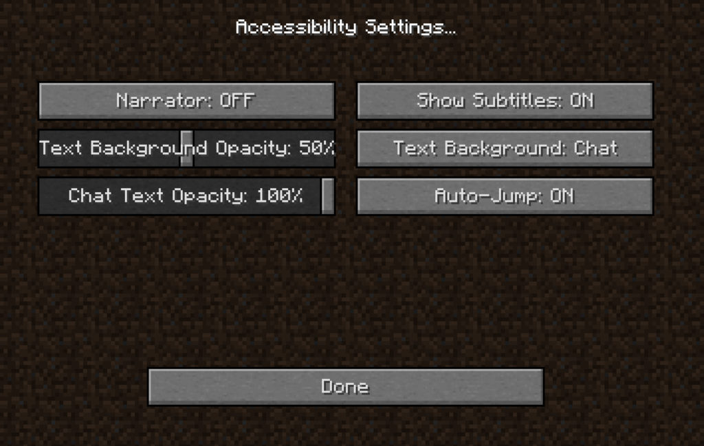 Image shows Minecraft 1.14 and its new accessibility settings options including narration, subtitles, and more! 