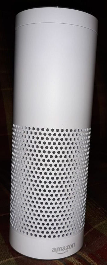 Short talks about her now improved days since getting Amazon's newest accessibility technology: Alexa. Here is the larger Alexa Echo in white color.