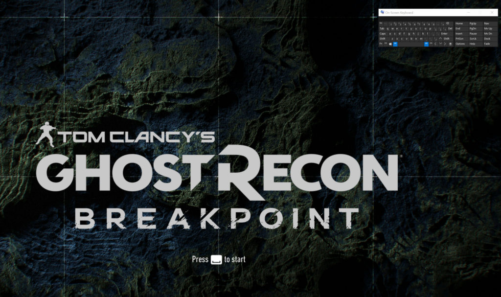 Short shows off the accessibility options for the new Ubisoft game of Tom Clancy's Ghost Recon Breakpoint on today's Accessibility First Look. Seen is the game's start screen with her On-Screen Keyboard