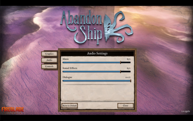 Image shows audio settings for Fireblade Software's ocean adventure game Abandon Ship provided in today's Options for Accessibility.