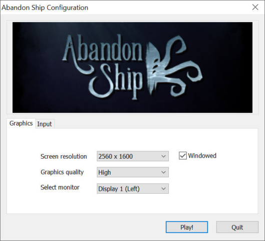 Image shows the Abandon Ship logo and confguration options from developer Fireblade Software depicting deep ocean waters with half an octopus seen in today's Options for Accessibility.