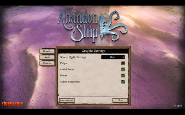 Image shows graphic settings for Fireblade Software's ocean adventure game Abandon Ship provided in today's Options for Accessibility.