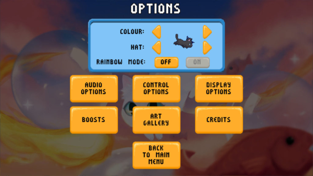 Seen is the available options for the Steam game Bubbles the Cat featuring audio, controls, display, and difficulty AKA "Boosts" in today's Options for Accessibility.