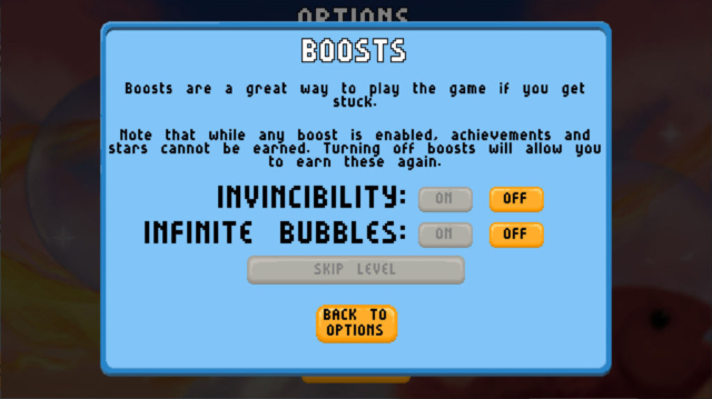 Seen are the difficulty AKA "Boosts" options for the Steam game Bubbles the Cat in today's Options for Accessibility.