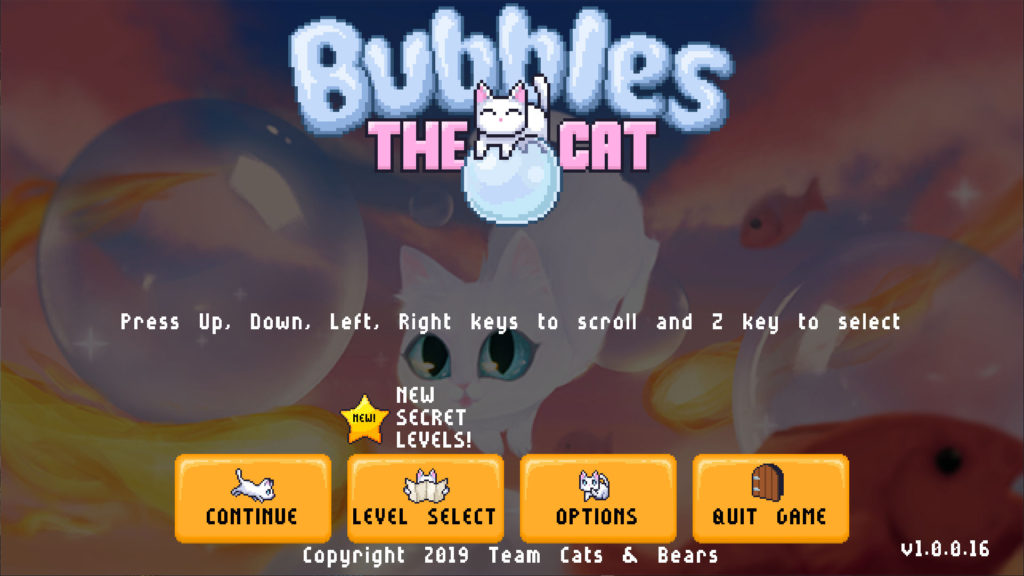 Short describes what makes Bubbles the Cat so mouse friendly in this year's Steam Summer Sale 2020. Seen is the start screen for Bubbles the Cat.