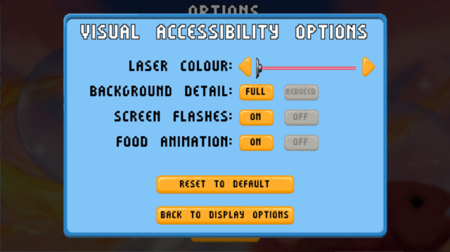 Seen are the visual options for the Steam game Bubbles the Cat in today's Options for Accessibility.