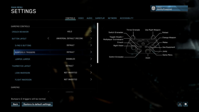 Seen are the controls settings screen for gamepad controls in Halo Master Chief Collection in today's Options for Accessibility.