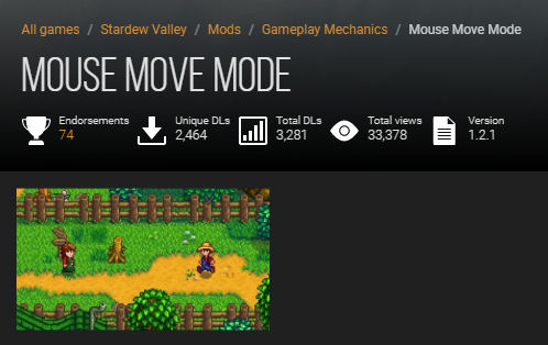 Short speaks of one of the fantastically accessible modifications available for the Steam game Stardew Valley. Seen is Mouse Move Mode's mod screen at NexusMods which allows click to move.