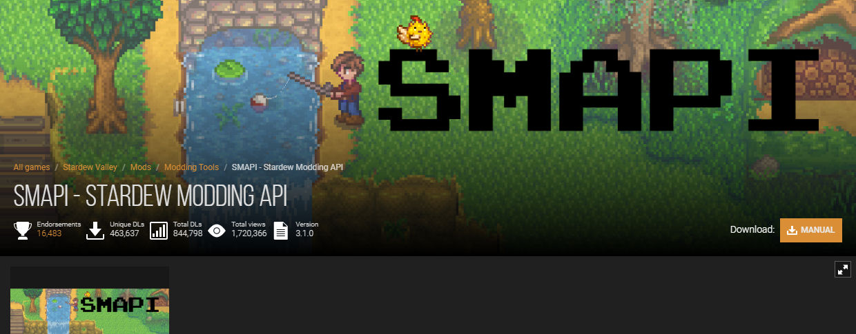 Short speaks of one of the fantastically accessible modifications available for the Steam game Stardew Valley. Seen is SMAPI's mod screen at NexusMods which helps allow click to move.