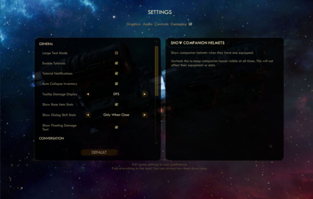 Seen are the user interface settings for Obsidian Entertainment's RPG The Outer Worlds provided in today's Options for Accessibility.