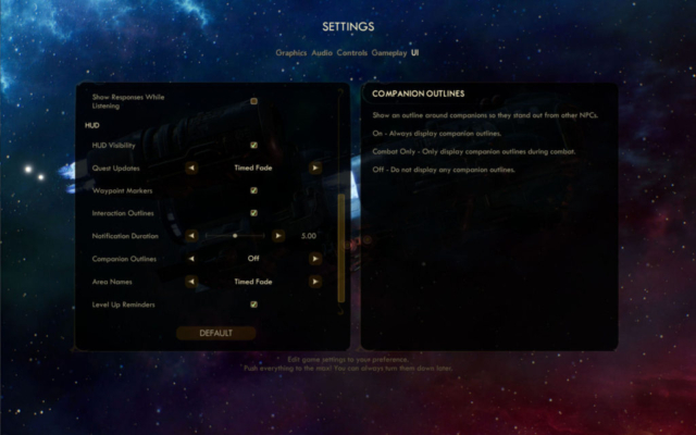 Seen are the continued user interface settings for Obsidian Entertainment's RPG The Outer Worlds provided in today's Options for Accessibility.