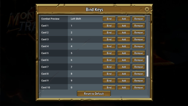 Seen is the various key binding options continued for the Steam game Monster Train in our Options for Accessibility.
