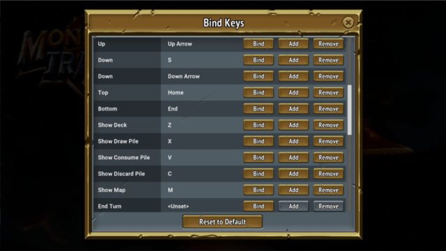 Seen is the various key binding options continued for the Steam game Monster Train in our Options for Accessibility.