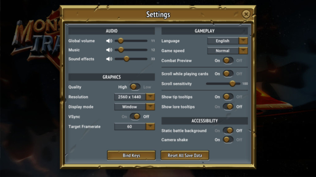 Base settings option for the Steam game Monster Train that includes audio, gameplay, graphics, and accessibility in today's Options for Accessibility.