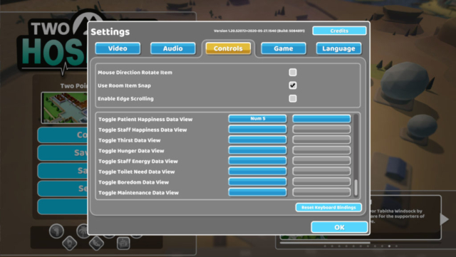 Short previews the Options for Accessibility for the Steam game Two Point Hospital by Two Point Studios. Here we see the control settings continued focusing on hotkeys.