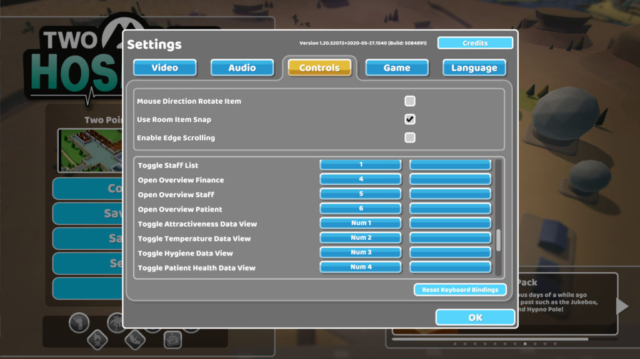 Short previews the Options for Accessibility for the Steam game Two Point Hospital by Two Point Studios. Here we see the control settings continued focusing on hotkeys.