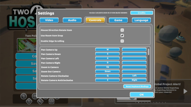 Short previews the Options for Accessibility for the Steam game Two Point Hospital by Two Point Studios. Here we see the control settings focusing on hotkeys.