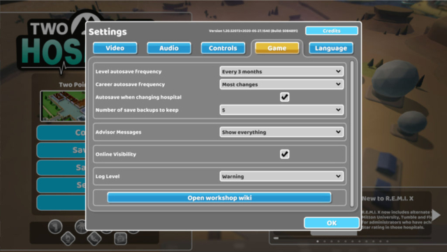 Short previews the Options for Accessibility for the Steam game Two Point Hospital by Two Point Studios. Here we see the game settings such as autosave fequency, fog level, and more.