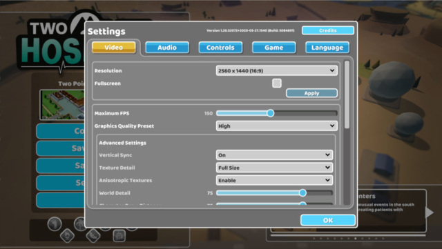 Short previews the Options for Accessibility for the Steam game Two Point Hospital by Two Point Studios. Here we see the video settings including graphics, FPS, resolution, and more.