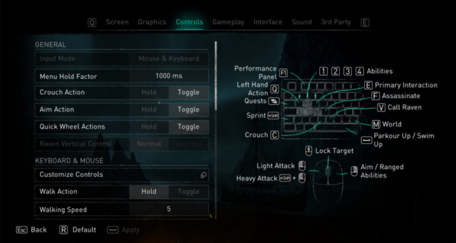 Short previews the Options for Accessibility for Assassin's Creed Valla by Ubisoft. Here we see the controls settings for keybinds and the like.