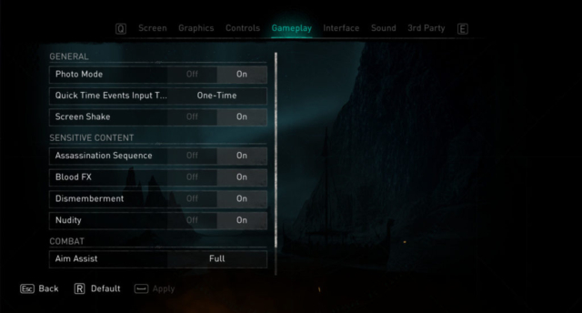 Short previews the Options for Accessibility for Assassin's Creed Valla by Ubisoft. Here we see the gameplay settings.