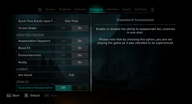Short previews the Options for Accessibility for Assassin's Creed Valla by Ubisoft. Here we see the gameplay settings continued.